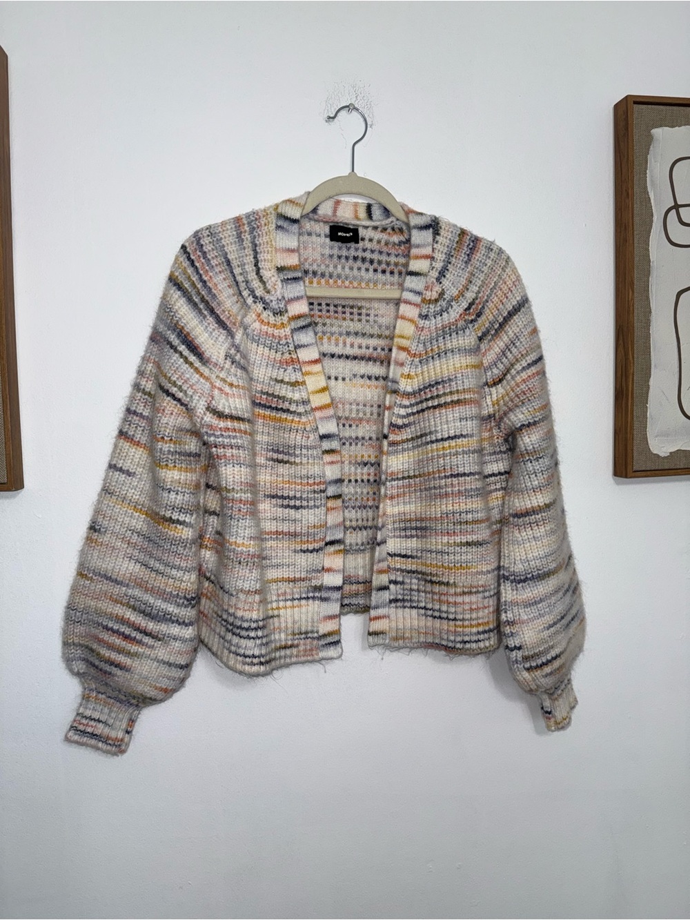 Monrow Multicolor Knit Open Cardigan in Cream, Gray & Mustard